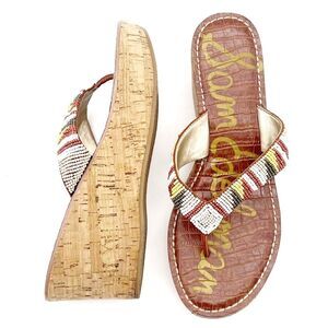 Sam Edelman Rosa Nude Ginger Beaded Thong Cork Wedge Sandal Flip Flop Size 8.5